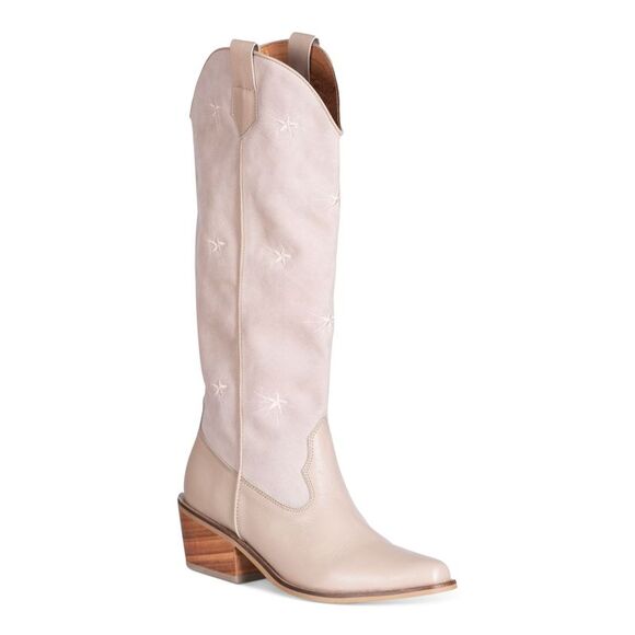 NWT SILVIA COBOS Womens Beige Curved Pull-Tabs Galaxy Stars Western Boot 9.5